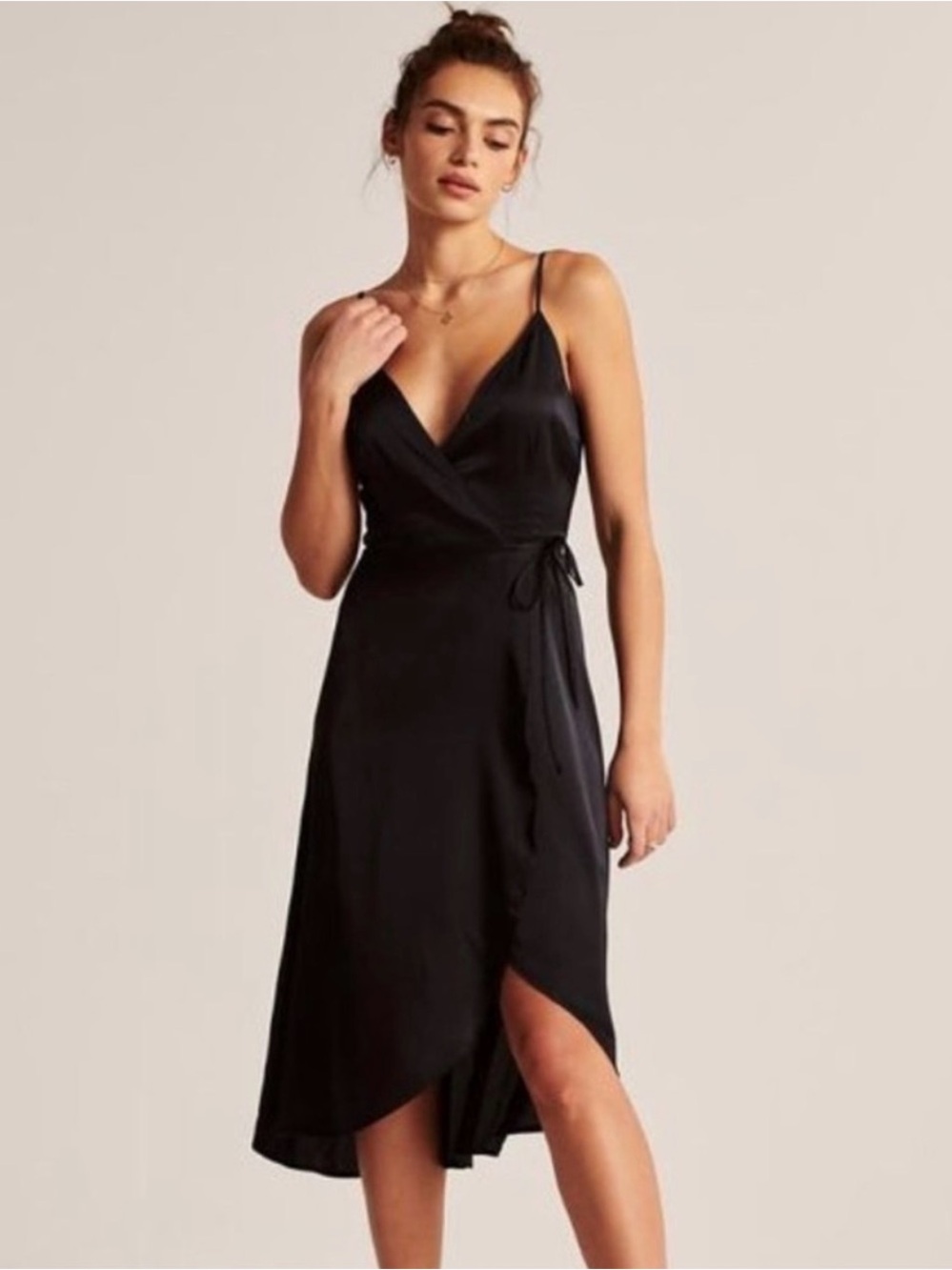NWT Abercrombie & Fitch black satin wrap midi dress size L